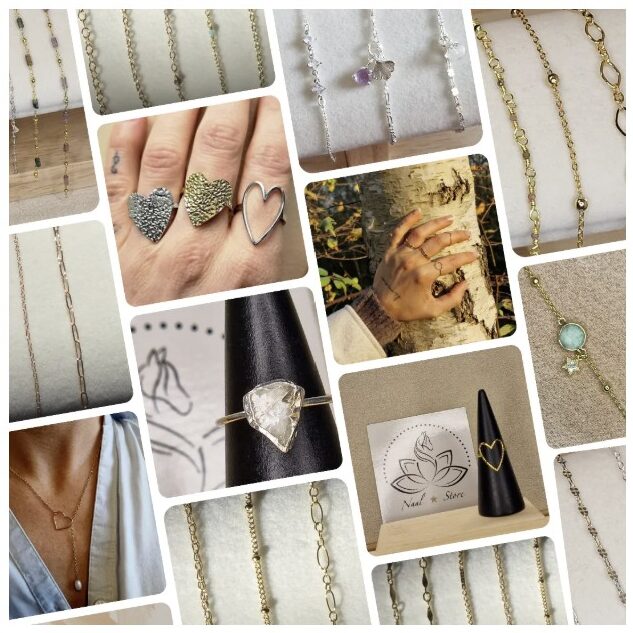 Montage photo de bijoux Naal-Store, comprenant des bagues, colliers et bracelets en argent sterling 925, gold filled et acier inoxydable.